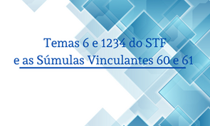 Cartaz de divulgação do evento Roda de conversa sobre os Temas 6 e 1234 do STF e as Súmulas Vinculantes 60 e 61. Arte com fundo branco com vários quadrados em tons de azul sobrepostos, localizados no lado direito. 