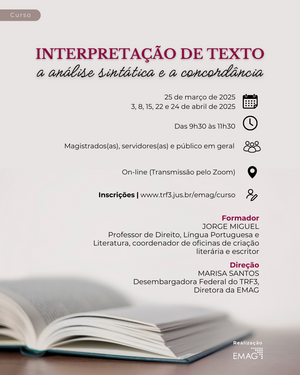 Cartaz de divulgação do evento Interpretação de texto: a análise sintática e a concordância. Fundo bege com um livro aberto com páginas e capa localizado na região inferior da página