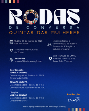 Cartaz de anúncio de um evento chamado "Rodas de Conversa - Quintas das Mulheres", fundo predominantemente em azul com elementos gráficos na cor branca.