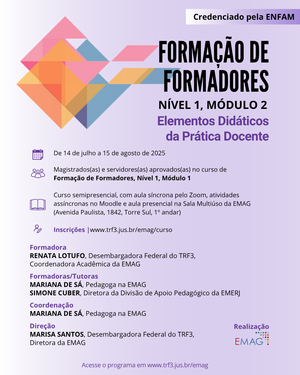 Detalhes do curso de formação de formadores promovido pelo EMAG, com informações sobre datas, inscrições, equipe de instrutores e metodologia de ensino. Fundo lilás claro com um tangram em 3D localizado no canto superior esquerdo.