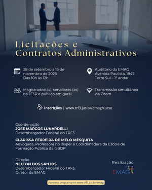 Banner do curso “Licitações e Contratos Administrativos” com informações de data, local na Avenida Paulista (EMAG) e transmissão via Zoom.