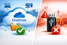 A imagem contrasta claramente duas formas de armazenamento:  OneDrive (lado azul) → Seguro, recomendado, homologado. Pendrive (lado vermelho) → Inseguro, não recomendado, sujeito a bloqueio.