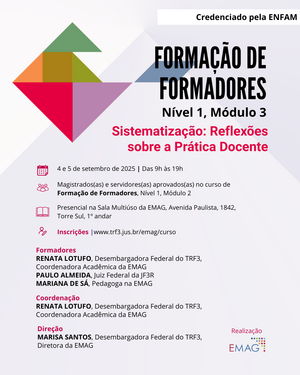 Imagem promocional do curso de Formação de Formadores focado na sistematização e reflexões sobre a prática docente, com data de 4 e 5 de setembro de 2025 e informações sobre inscrições e equipe de instrutores.