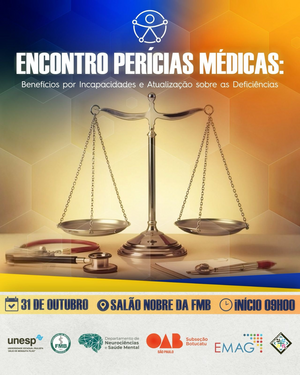Cartaz do evento sobre perícias médicas apresenta uma balança da justiça como símbolo principal, com detalhes de informações sobre o encontro.  A composição centraliza a balança da justiça, com seus pratos vazios, equilibrada no centro da imagem, e elementos relacionados à medicina, como um estetoscópio e uma caneta, posicionados na base. O texto "ENCONTRO PERÍCIAS MÉDICAS" domina a parte superior, enquanto informações sobre a data, local e horário do evento são exibidas na parte inferior. A imagem captura um momento de apresentação, oferecendo uma visão geral dos detalhes do evento.