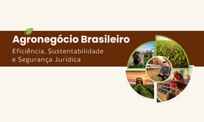 O card possui um design limpo e profissional, com predominância das cores marrom, bege e branco, remetendo à terra e ao setor agrícola. No canto superior direito, há uma composição circular de fotos mostrando: gado, plantações de milho, um produtor rural com tablet, um trator no campo e criação de aves. Título: Agronegócio Brasileiro: Eficiência, Sustentabilidade e Segurança Jurídica.