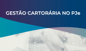 Imagem promovendo o curso de Formação Continuada em Gestão Cartorária no PJe. Cartaz com detalhes em azul escuro cinza e azul claro