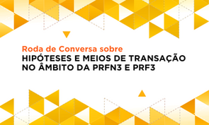 Capa curso "Roda de Conversa sobre Hipóteses e Meios de Transação no Âmbito da PRFN3 e PRF3" com fundo branco e triângulos em vários tons de amarelo