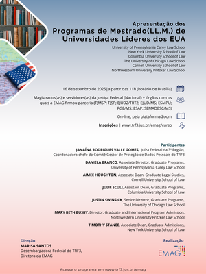 Figura sobre uma apresentação de programas de mestrado (LL.M.) de universidades dos EUA, com informações sobre as instituições participantes, datas, horário, local e informações de contato. A imagem tem fundo degradê nas cores azul (topo), branca (centro) e vermelha (parte inferior). No canto superior esquerdo há duas imagens: uma estante de livros e a bandeira dos EUA juntamente com um mapa.