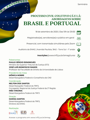 Divulgação de seminário sobre Processo Civil Brasil e Portugal no dia 18 de setembro. O evento ocorrerá das 10h às 12h30. A imagem ao fundo mostra as bandeiras do Brasil e Portugal