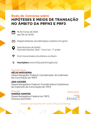 Cartaz de divulgação do curso "Roda de Conversa sobre Hipóteses e Meios de Transação no Âmbito da PRFN3 e PRF3", com fundo branco e triângulos em vários tons de amarelo. 