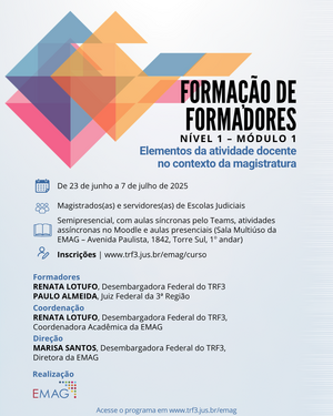 Detalhes do curso de formação de formadores promovido pelo EMAG, com informações sobre datas, inscrições, equipe de instrutores e metodologia de ensino. Fundo azul claro com um tangram em 3D localizado no canto supeior esquerdo. 