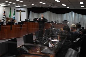 Servidor Denis Renato dos Santos Cruz - ministrando palestra ao alunos da Fadisp no Plenário do TRF3.
