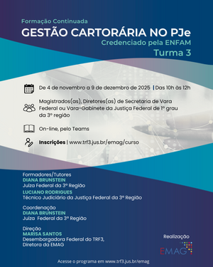 Apresentação de curso sobre gestão cartorária no Poder Judiciário, com informações sobre datas, inscrições e equipe de instrutores, voltada a profissionais do setor jurídico. A imagem tem detalhes em azul no canto inferior e superior e uma imagem central de um computador em tom de cinza claro.