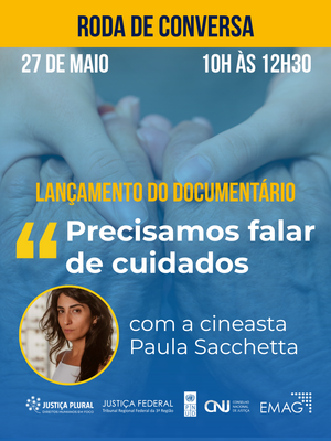 Texto sobre o lançamento do documentário “Precisamos falar de cuidados”, com aspas em destaque sobre fundo azul com mãos e tecido, sugerindo cuidado e atenção. com a participação da cineasta Paula Sacchetta