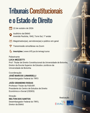 Aqui estão duas opções de texto alternativo para a sua imagem. A primeira é ideal para redes sociais (mais direta), e a segunda é uma versão completa, que transcreve todas as informações textuais (essencial para acessibilidade em sites ou comunicados oficiais). ## Opção 1: Direta e resumida (Ideal para Redes Sociais) Texto alternativo: Cartaz de evento jurídico com o título "Tribunais Constitucionais e o Estado de Direito". Do lado direito, uma balança da justiça dourada sobre livros jurídicos escuros com letras douradas. No lado esquerdo, sobre fundo bege claro, constam informações sobre data (22 de outubro de 2026), local (Auditório da EMAG na Avenida Paulista), transmissão via Zoom, inscrições e os nomes do palestrante Luca Mezzetti e dos coordenadores e diretores. Logos da EMAG e CEDES no rodapé. ------------------------------ ## Opção 2: Completa (Transcrevendo todo o texto informativo) Texto alternativo: Cartaz institucional sobre o evento "Tribunais Constitucionais e o Estado de Direito". A imagem tem fundo bege claro e, do lado direito, uma balança da justiça dourada em cima de uma pilha de livros jurídicos de capa escura com inscrições douradas na lombada. Do lado esquerdo, constam os seguintes dados textuais: * Data: 22 de outubro de 2026. * Local: Auditório da EMAG – Avenida Paulista, 1842, Torre Sul, 1º andar. * Público-alvo: Magistrados(as), servidores(as) e público em geral. * Transmissão: Simultânea via Zoom. * Inscrições: www.trf3.jus.br/emag/curso * Palestrante: Luca Mezzetti (Prof. Titular de Direito Constitucional da Universidade de Bolonha, Diretor da Escola Superior de Estudos Jurídicos da Universidade de Bolonha). * Coordenação: José Marcos Lunardelli (Desembargador Federal do TRF3) e João Grandino Rodas (Professor Titular da FADUSP, Presidente do Centro de Estudos de Direito Econômico e Social - CEDES). * Direção: Nelton dos Santos (Desembargador Federal do TRF3, Diretor da EMAG). * Realização: Logos da EMAG e CEDES no canto inferior direito.