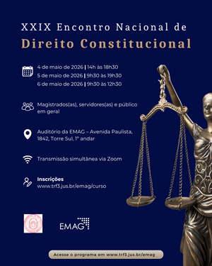 imagem com fundo azul, e uma estátua da justiça ao lado direito. Nome do curso XXiX encontro nacional de direito constitucional. 