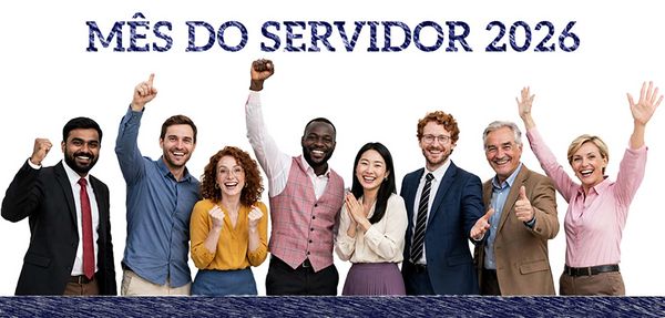 imagem com diversos servidores e servidoras comemorando