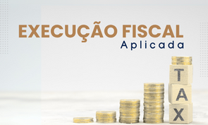 Imagem representando a execução fiscal aplicada, com pilhas de moedas formando um gráfico ascendente e destaque para o termo 'Tax', ilustrando processos fiscais e tributários.