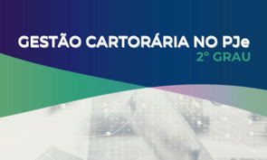 Imagem promovendo o curso de Formação Continuada em Gestão Cartorária no PJe. Cartaz com detalhes em azul escuro, cinza e verde