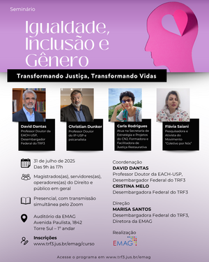 Card de divulgação do Seminário sobre Igualdade, Inclusão e Gênero com palestrantes especialistas em justiça social e direitos humanos, promovendo transformação social e justiça. Parte superior cum uma tarja lilás com detalhe em rosa