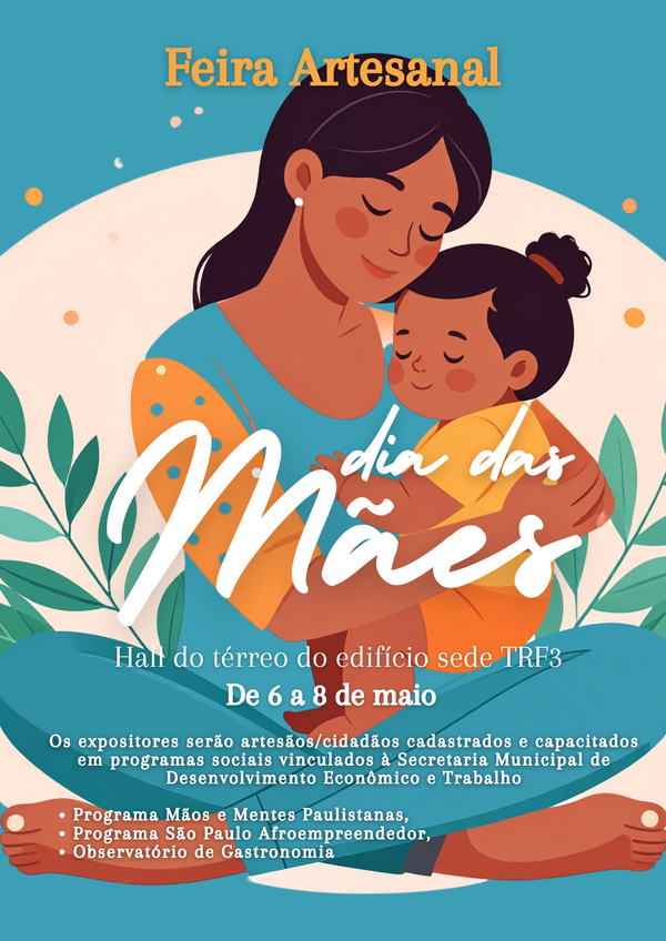 Uma ilustração de uma mãe segurando uma criança de colo e escrito: Feira Artesanal de Dia das Mães