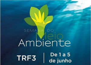#pratodosverem: Quadro em tonalidades de azul, mostrando raios luminosos penetrando na água, com o desenho de uma árvore, onde o tronco e os galhos principais são representados por um punho com uma mão espalmada na cor amarela, e possui quatro grandes folhas em tonalidades diferentes de verde, que formam a copa da árvore e, abaixo, a identificação “SEMANA DO Meio Ambiente”. Mais abaixo, “TRF3 – De 1 a 5 de junho"