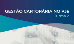 A imagem mostra um slide de apresentação sobre Gestão Cartorária no PJe, direcionado para estudantes da Turma 2, com foco em processos jurídicos digitais, destacando a importância da gestão eficiente de cartórios eletrônicos.