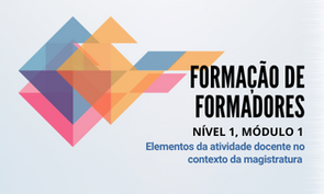 Cartaz de divulgação do curso formação de formadores no contexto da magistratura, incluindo elementos geométricos coloridos e título em destaque