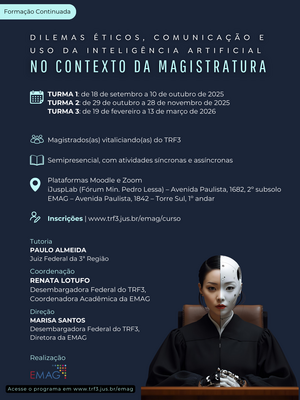 Imagem de uma juíza com metade de rosto normal e metade com aparência de robô, relacionada ao tema de ética, inteligência artificial e magistratura.