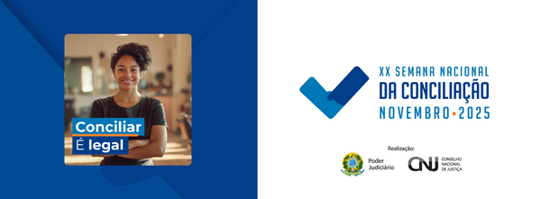 Mulher negra, de braços cruzados, sorrindo. Ao fundo, uma imagem desfocada de um salão de beleza. Texto destacado "Conciliar é legal"