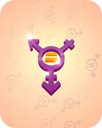 A imagem apresenta um símbolo estilizado que representa inclusão e igualdade de gênero. No centro, há uma figura que combina os ícones tradicionais de masculino (seta), feminino (cruz) e transgênero (junção dos dois), todos em um tom roxo brilhante. Dentro do círculo central aparece um sinal de igual em laranja, reforçando a ideia de equidade. O fundo é em tom pêssego suave, decorado com símbolos de gênero e sinais de igual esmaecidos, criando uma atmosfera de apoio à diversidade e aos direitos iguais.