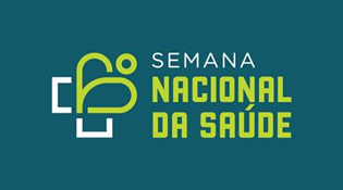 A imagem mostra um logotipo com o texto "SEMANA NACIONAL DA SAÚDE" em letras maiúsculas. O fundo é azul escuro, e o texto está em verde claro. À esquerda do texto, há um símbolo composto por formas geométricas que lembram uma pessoa estilizada e elementos de saúde.